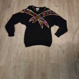 Marnie West Vintage 80s Black Sequin Women's Sweater, Mended. See Pics